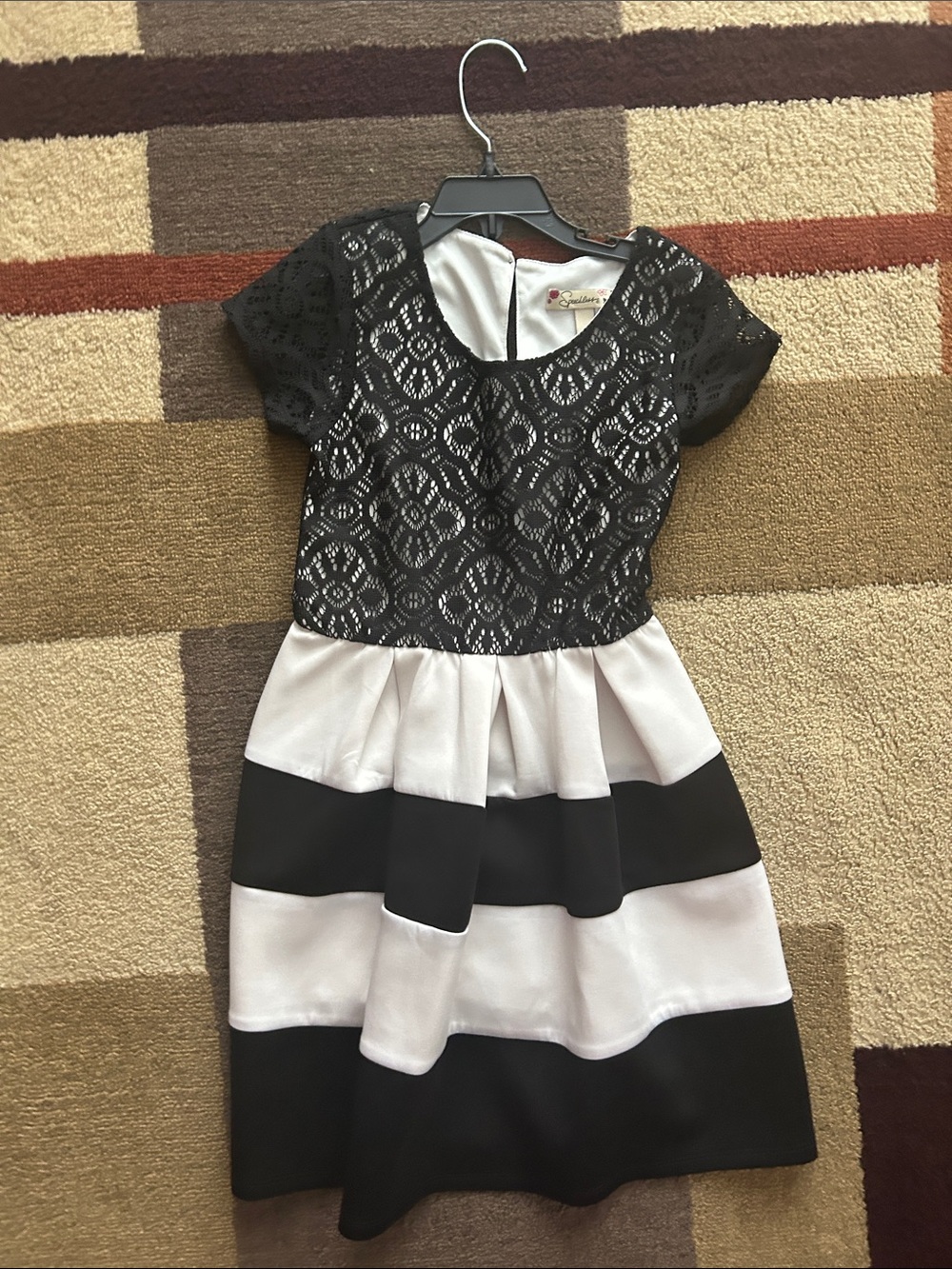Speechless Black and White Lace Bodice Striped Skirt Party Dress